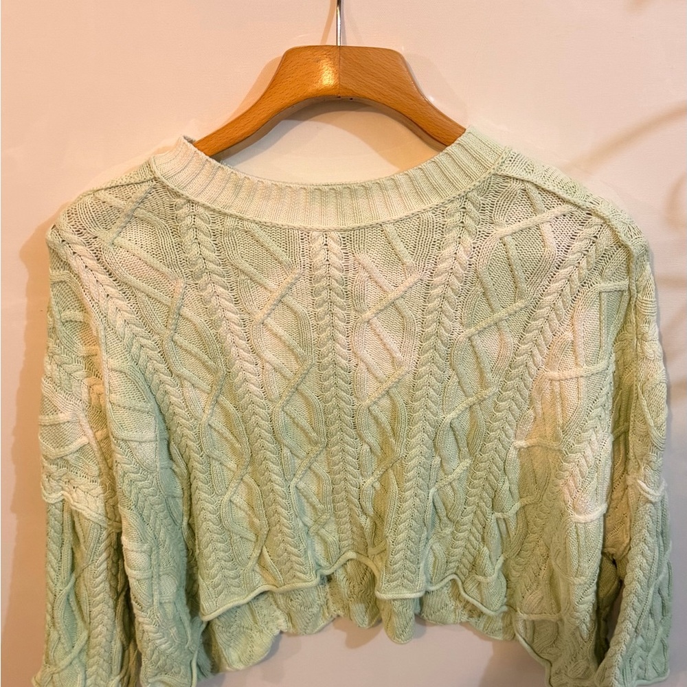 FREE PEOPLE Washed Ashore Cropped Cable Knit Sweater in Candy Mint- Small
